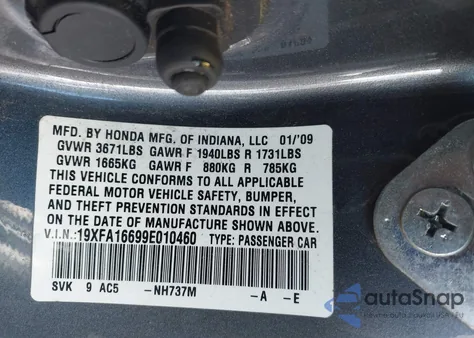 2009 Honda Civic Lx-S z USA, uszkodzony, nr VIN 19XFA16699E010460